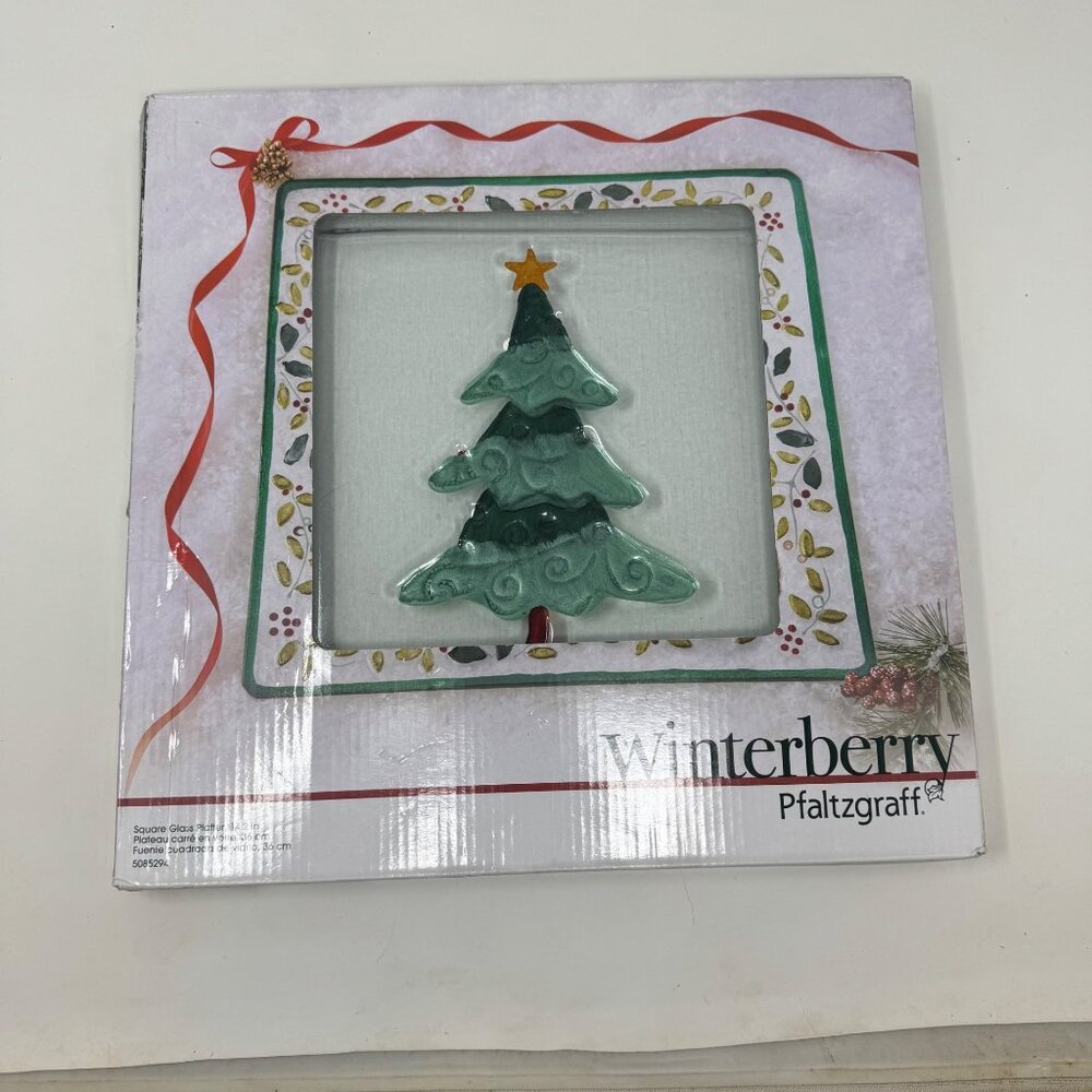 Pfaltzgraff Winterberry Christmas Glass‎ Platter With Tree Design & Green Border